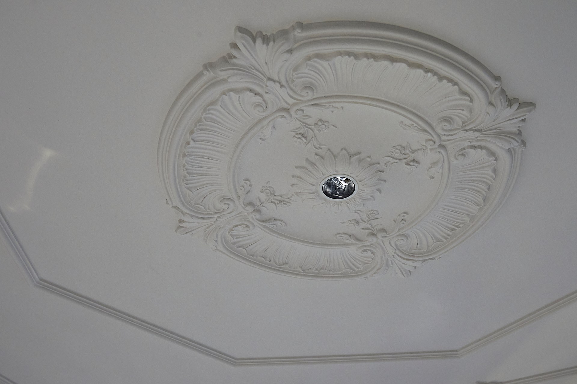 Rosetón de techo ornamentado con detalles esculpidos, que realza la decoración arquitectónica del techo.